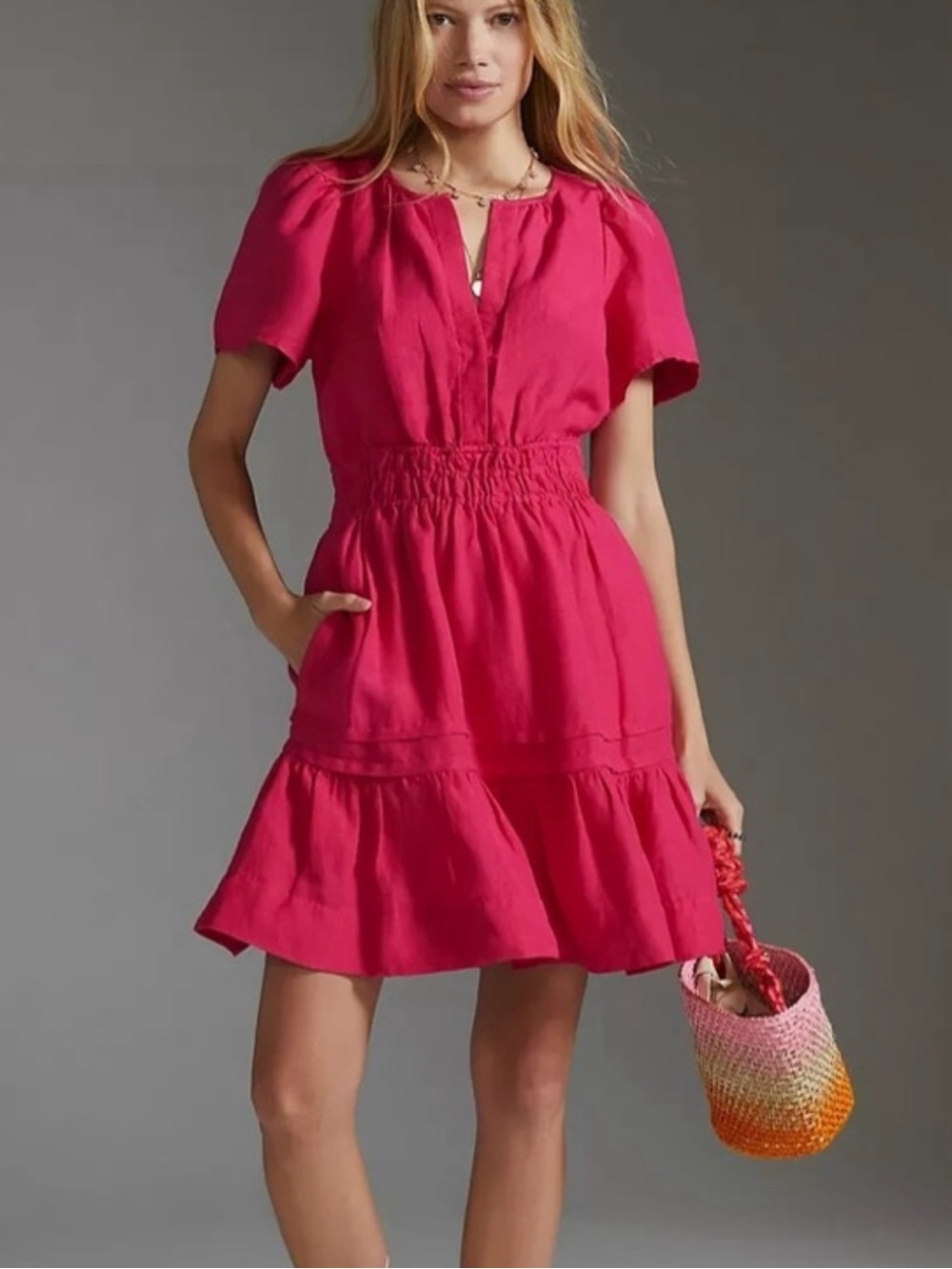 Anthropologie Somerset Tiered Ruffle Mini Dress Linen Blend Lined Size XL Pink